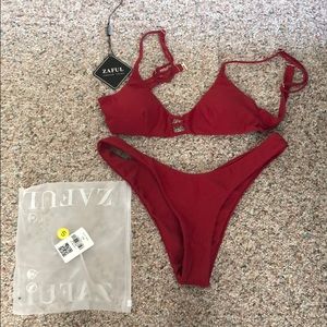 Wine/red high waisted bikini.